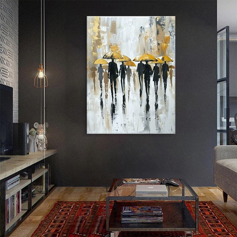Rainy Street Scene Canvas Art | Hand-Painted Abstract Oil Painting | Modern Cityscape Wall Decor
